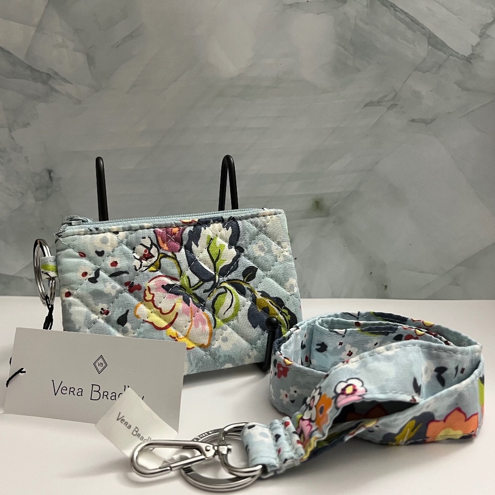 NWT Vera Bradley Floating Garden Zip ID Case and Wide Lanyard Set